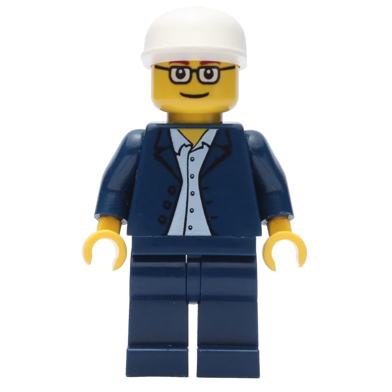 Man, Dark Blue Suit with no Tie, White Cap, Glasses