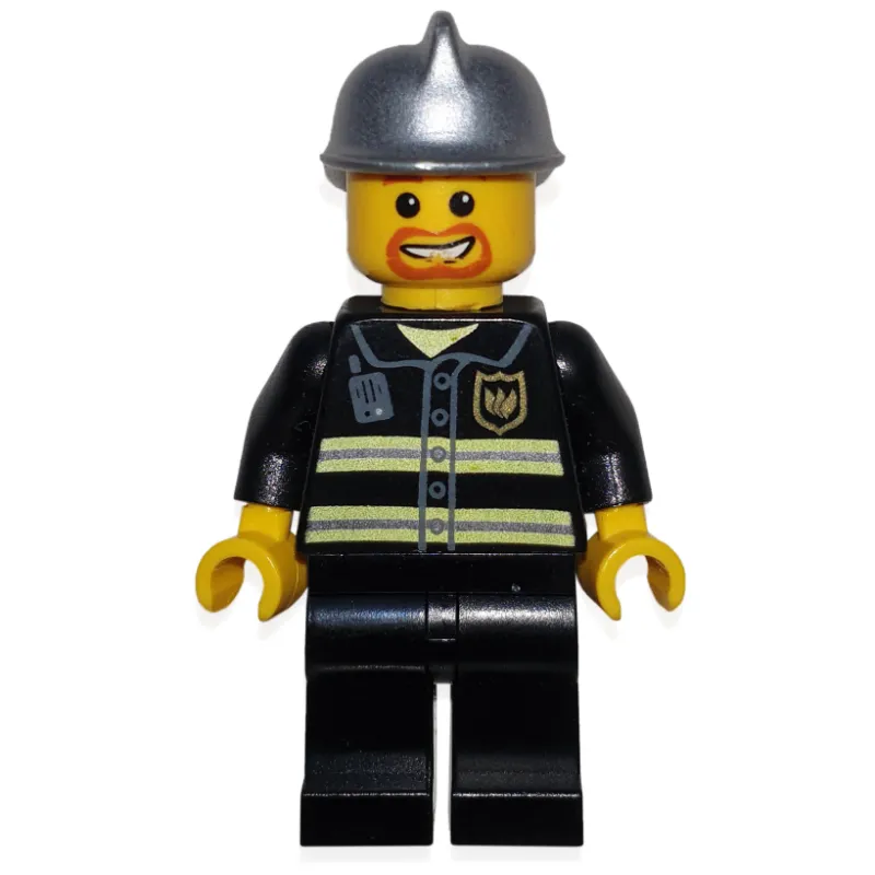 Fireman, Black Fire Jacket with Reflective Stripes, Radio, and Badge, Silver Helmet, Goatee Beard