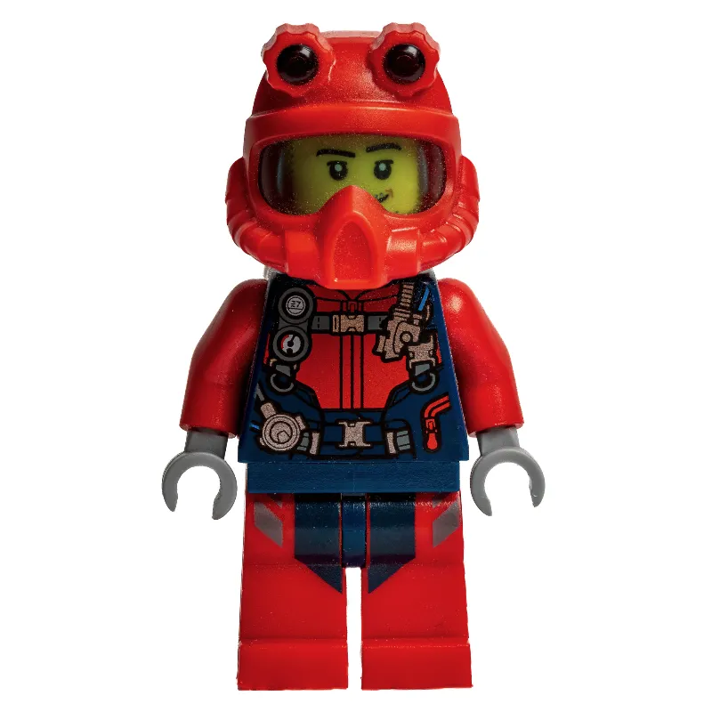 Diver, Man, Red and Dark Blue Wetsuit with Straps and Gauges, Red Diving Helmet, Airtanks, Stubble