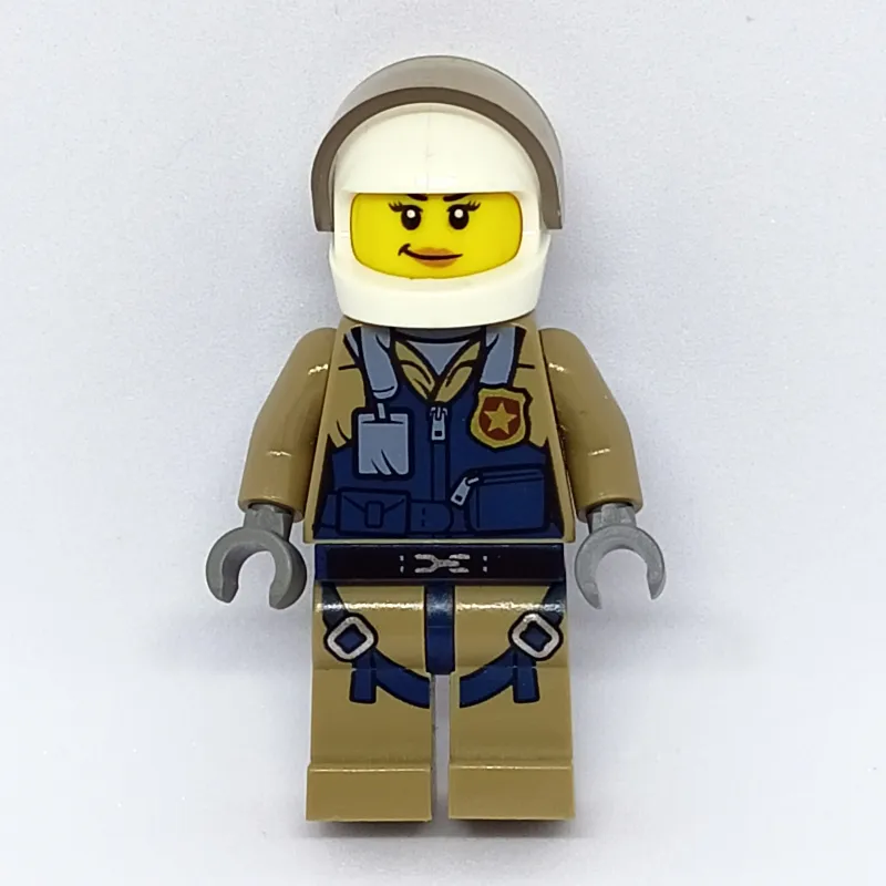 Policewoman, Dark Blue Vest over Dark Tan Jacket with Zipper and Badge, White Helmet with Visor