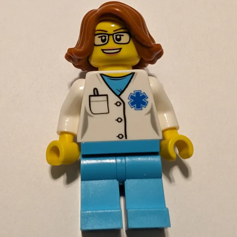 Doctor, Woman, White Shirt over Medium Azure Scrubs with Star of Life and Pocket, Dark Orange Hair, Glasses