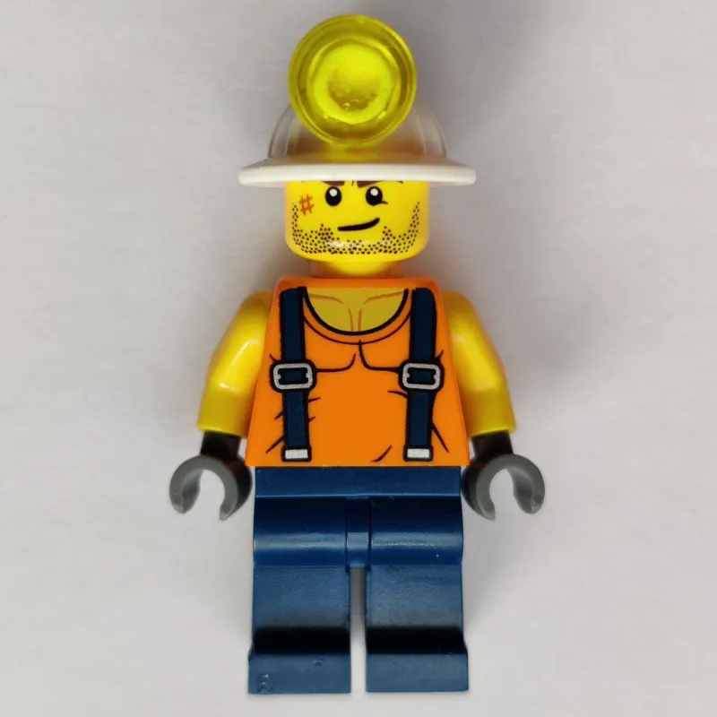 Miner, Orange Vest with Suspenders, Mining Hat, Stubble and Scar
