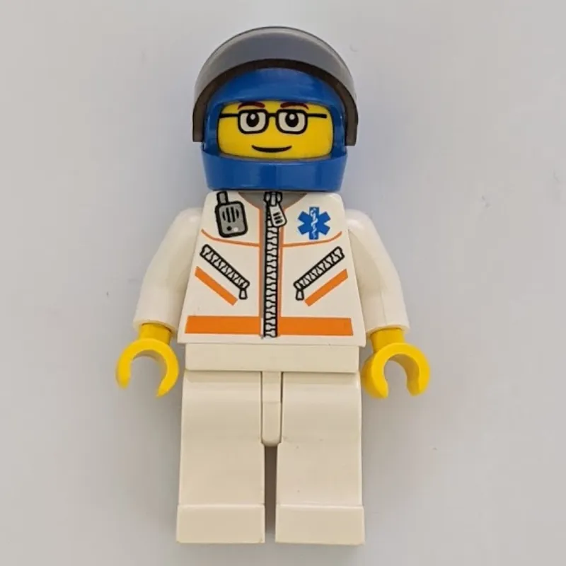 Paramedic, White Jacket with Zipper, Radio and Star of Life, Blue Helmet with Visor, Glasses