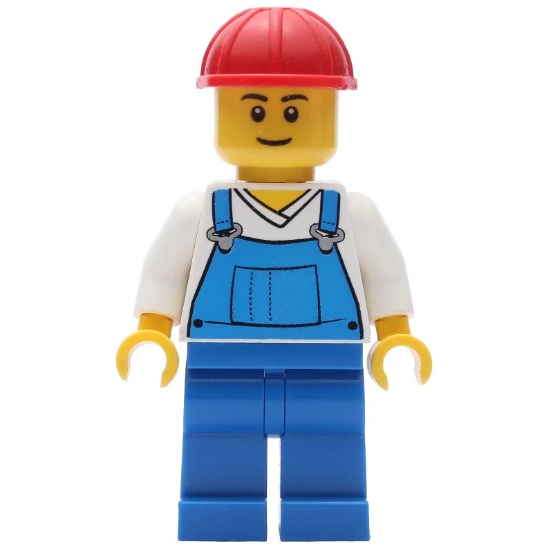 Blue Overalls and White V-Necked Shirt, Red Hard Hat