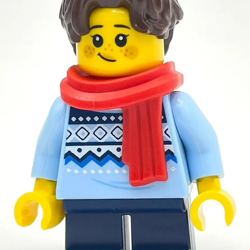 Child, Bright Light Blue Sweater, Short Dark Blue Legs, Red Scarf, Dark Brown Hair