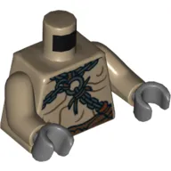 Torso Bare Chest with Body Lines and Chains Print, Dark Tan Arms, Dark Bluish Gray Hands