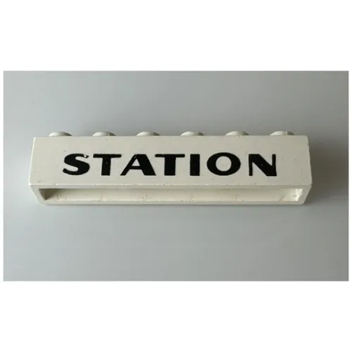 Brick 1 x 6 without Bottom Tubes with Cross Side Supports with 'STATION' print