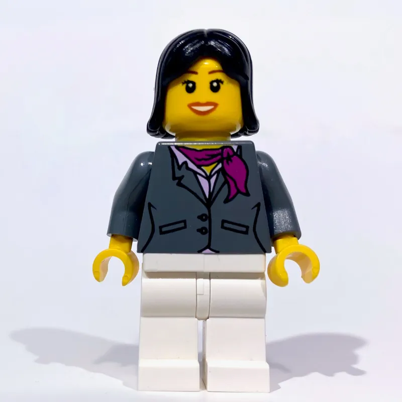 Woman, Dark Bluish Gray Jacket with Magenta Scarf, White Legs, Black Hair