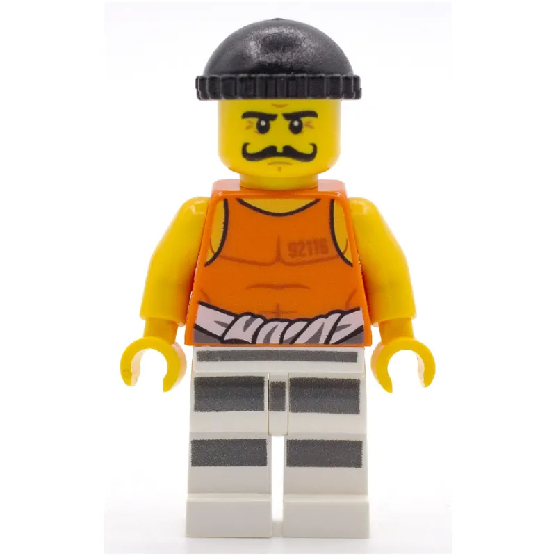 Criminal, Orange Vest with #92116 and Waist Tied Prison Shirt, Black Hat, Moustache