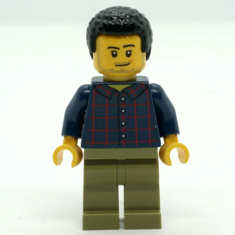 Man, Dark Blue Plaid Shirt, Olive Legs, Black Hair, Stubble