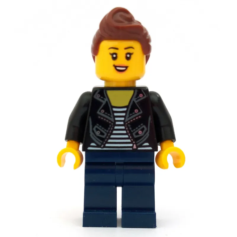 Woman, Open Black Jacket over Black and White Striped Top, Dark Blue Legs, Reddish Brown Hair