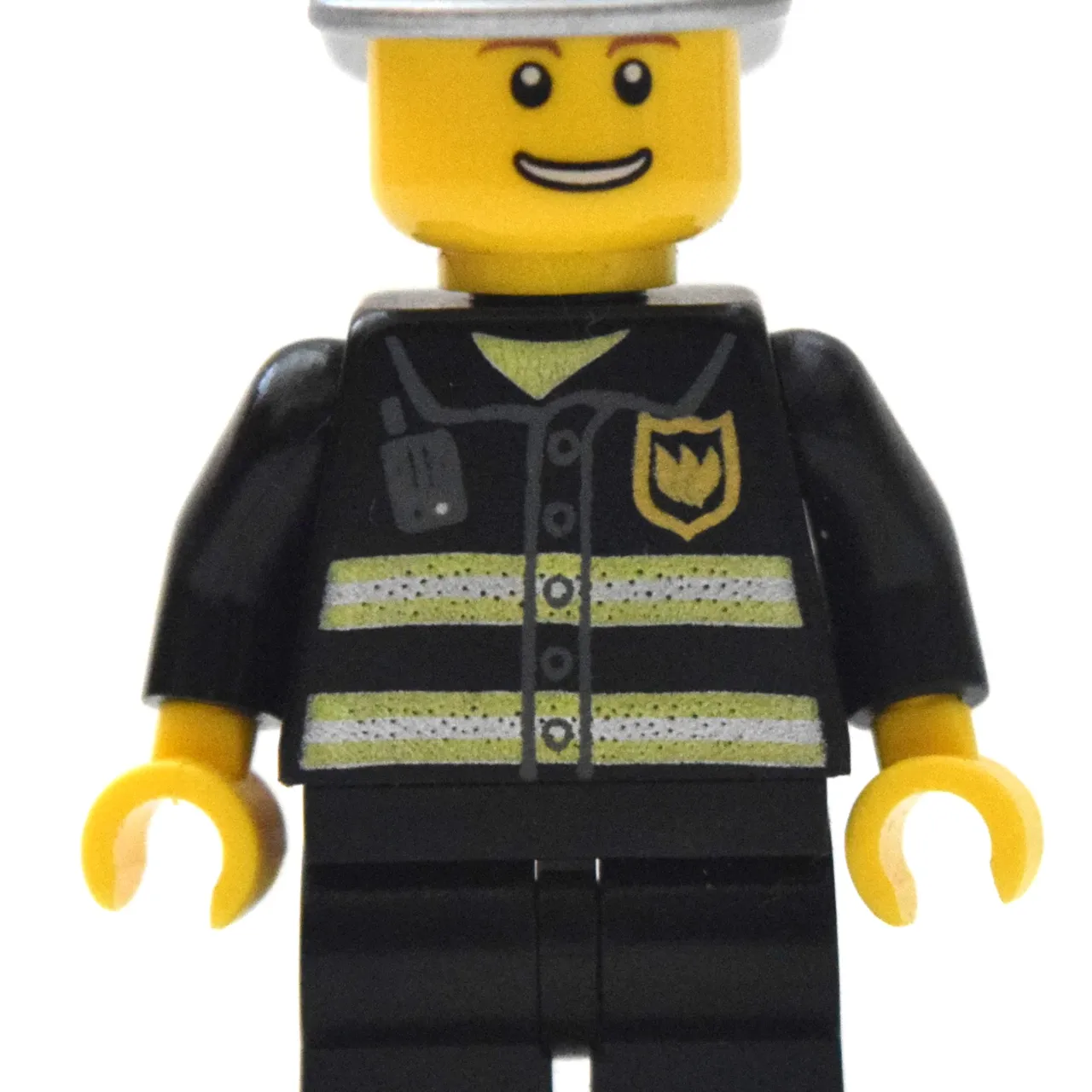 Fireman, Black Fire Jacket with Reflective Stripes, Radio, and Badge, Silver Helmet