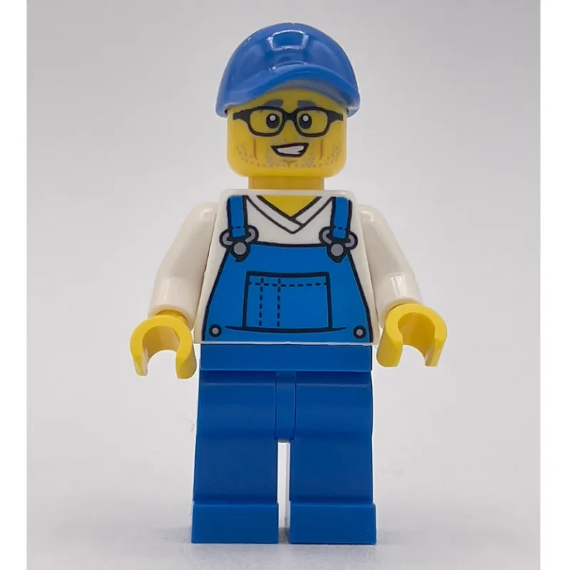 Man, Blue Overalls, Blue Cap