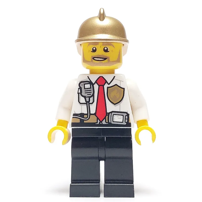 Fireman, White Shirt with Red Tie, Badge, and Radio on Pocket, Gold Helmet, Beard