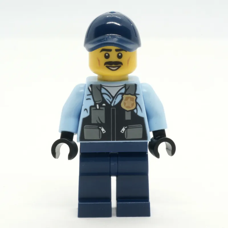 Police Officer, Bright Light Blue Shirt with Police Badge, Dark Blue Legs and Cap, Moustache