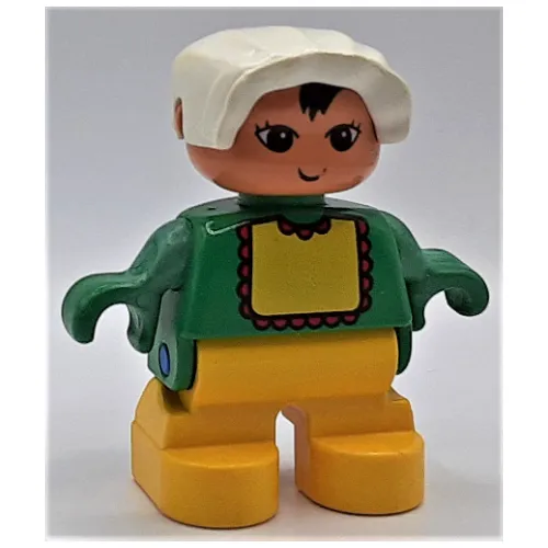 Duplo Figure, Early Child, with Bonnet White, Yellow Legs, Yellow Bib with Red Lace Print