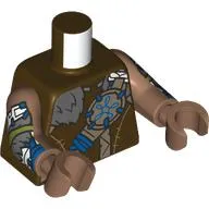 Torso, Hide Tunic, Dark Bluish Grey Fur, Dark Tan/Blue Straps with Blue Decorations, Arm Print, Medium Brown Arms and Hands