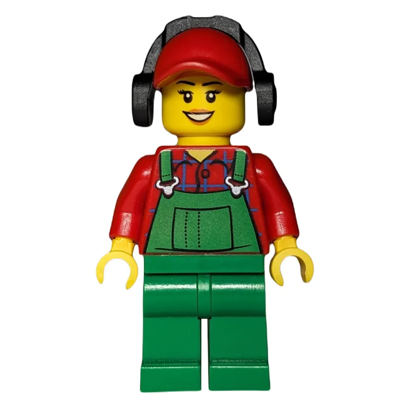 Woman, Green Overalls over Red Paid Shirt, Red Cap with Ear Defenders