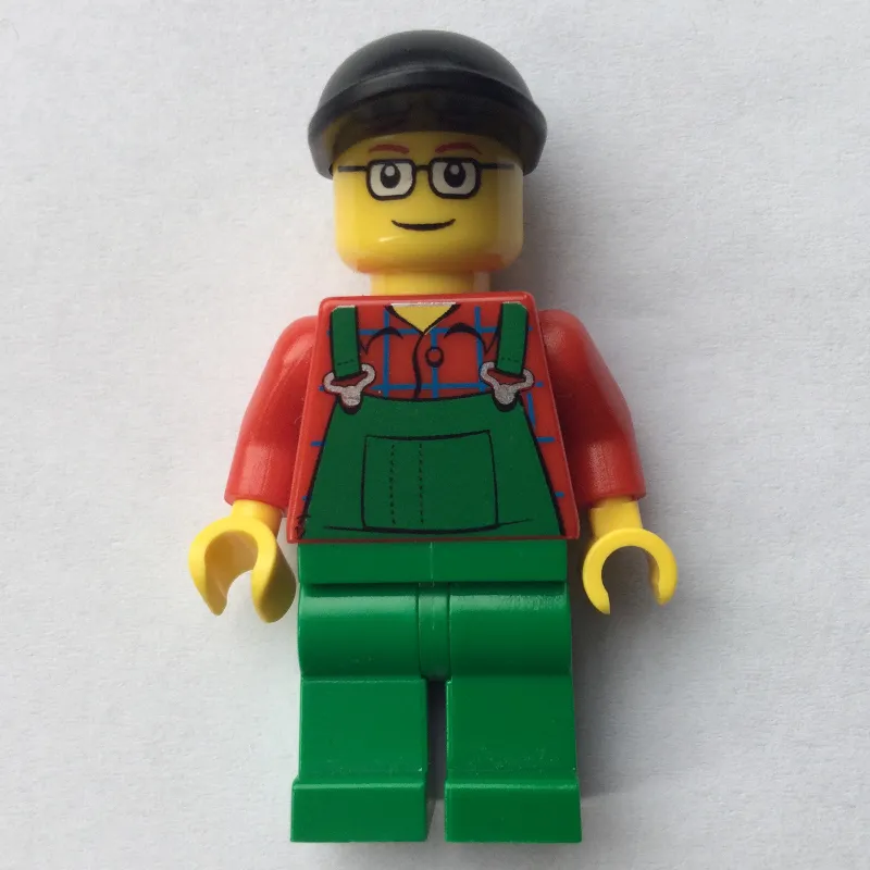 Man, Green Overalls over Red Shirt, Black Cap, Glasses