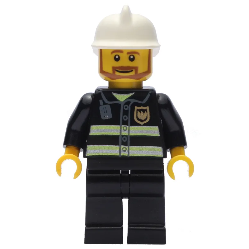 Fireman, Black Fire Jacket with Reflective Stripes, Radio, and Badge, White Helmet, Angular Beard