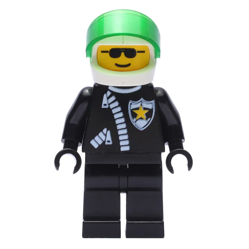 Policeman, Black Jacket with Zipper and Badge, White Helmet with Trans-Green Visor, Sunglasses