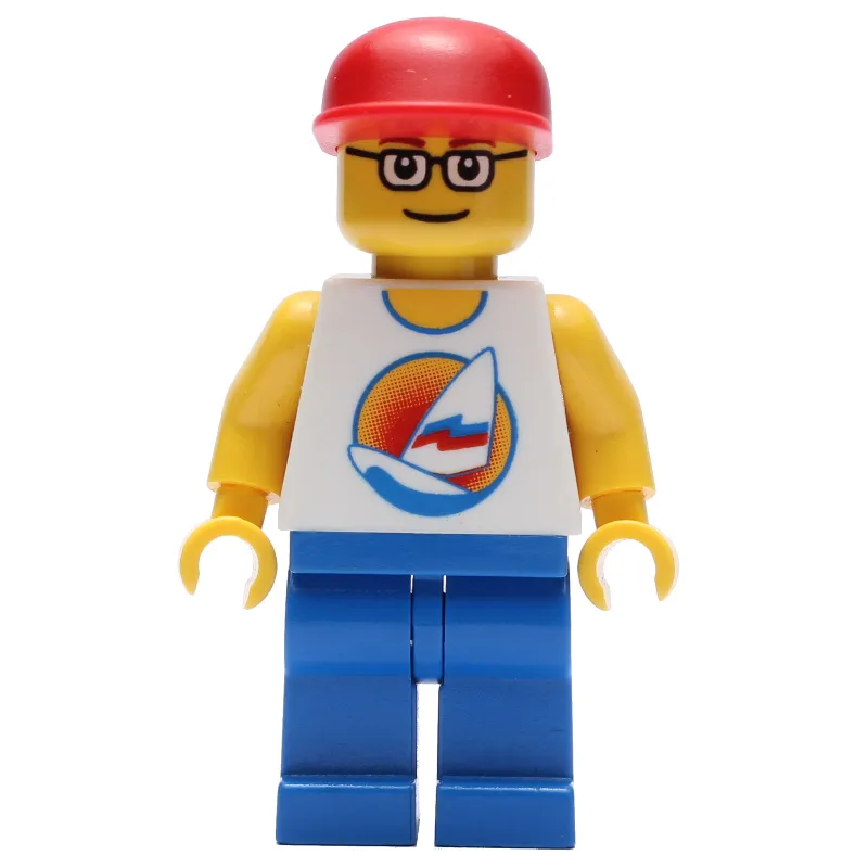 Man, White Tank Top with Windsurfer, Blue Legs, Red Cap, Glasses