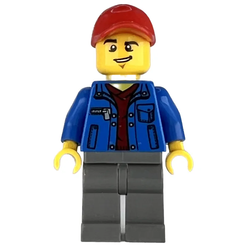Man, Open Blue Jacket over Dark Red Shirt, Dark Bluish Gray Legs, Red Cap