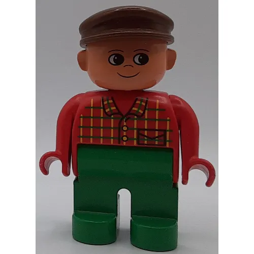 Duplo Figure, Early, with Flat Cap Brown, Green Legs, Plaid Shirt Print (Farmer)