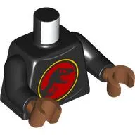 Torso, Jurassic Park Symbol, Black Dino on Red Field, Yellow Circle print, Black Arms, Sienna Brown Hands