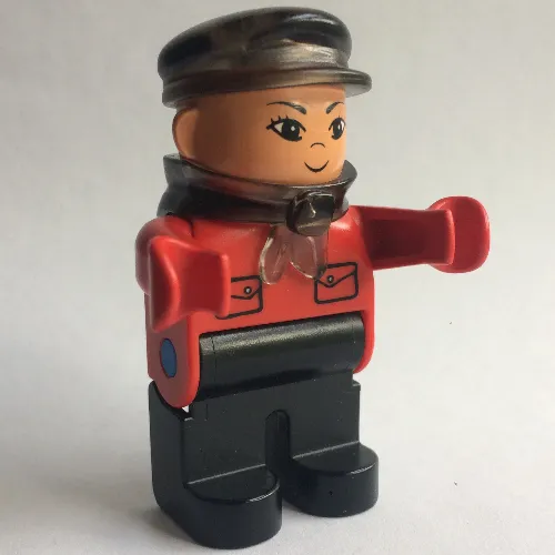 Duplo Figure, Early, with Flat Cap Trans-Brown, Black Legs, Bandana, Pockets Print (Intelli-Train Driver)
