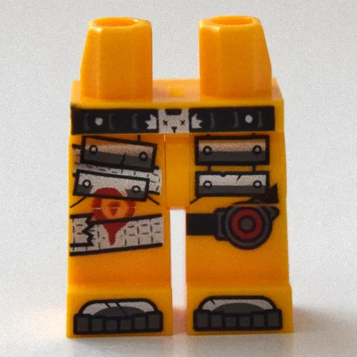 Hips and Bright Light Orange Legs with Red Circle on Black Knee Strap, Silver Plates, and Tape Knee Strap Print