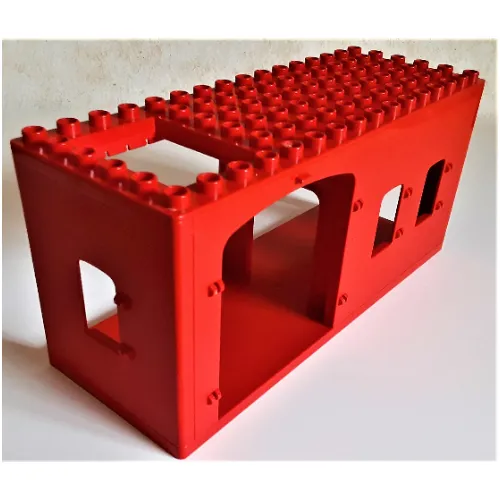 Duplo Building 6 x 16 x 6, Front Double Doors and Two Windows, Left Window, and Right Door Openings, Top Sliding Trap Door