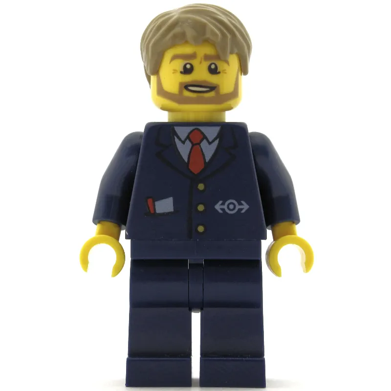 Bus Driver, Dark Blue Suit with Train Logo, Dark Tan Hair, Beard