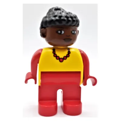 Duplo Figure, Early, Curly Hair with Bun Black, Red Legs, Red Necklace Print