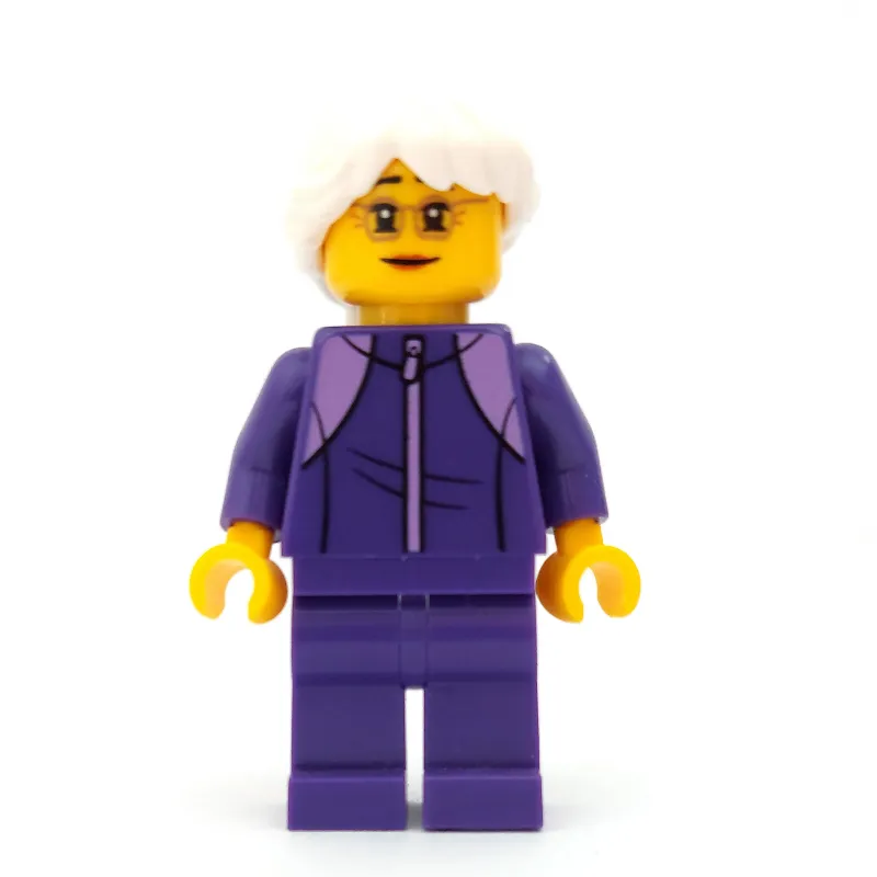 Woman, Dark Purple Jogging Suit, White Hair, Small Glasses