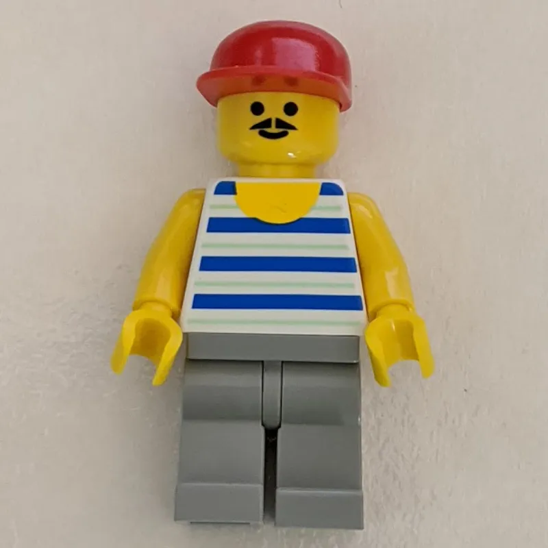 Man, Blue and White Striped Tank Top, Red Cap, Moustache