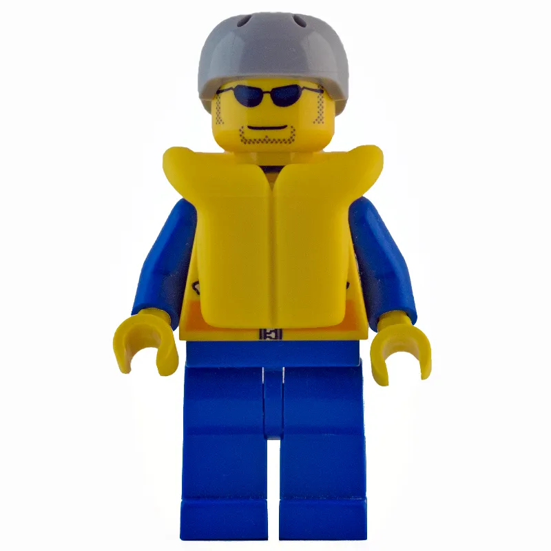 Coast Guard, Yellow Jacket with Zipper, Radio and Badge, Light Bluish Gray Helmet, Yellow Life Vest, Sunglasses