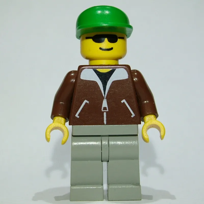 Man, Brown Jacket, Light Gray Legs, Green Cap, Sunglasses