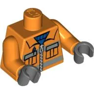 Torso Safety Jacket with Zipper, Pockets, and Blue Shirt / 2012 The LEGO Store Wauwatosa, WI on Back Print, Orange Arms, Dark Bluish Gray Hands