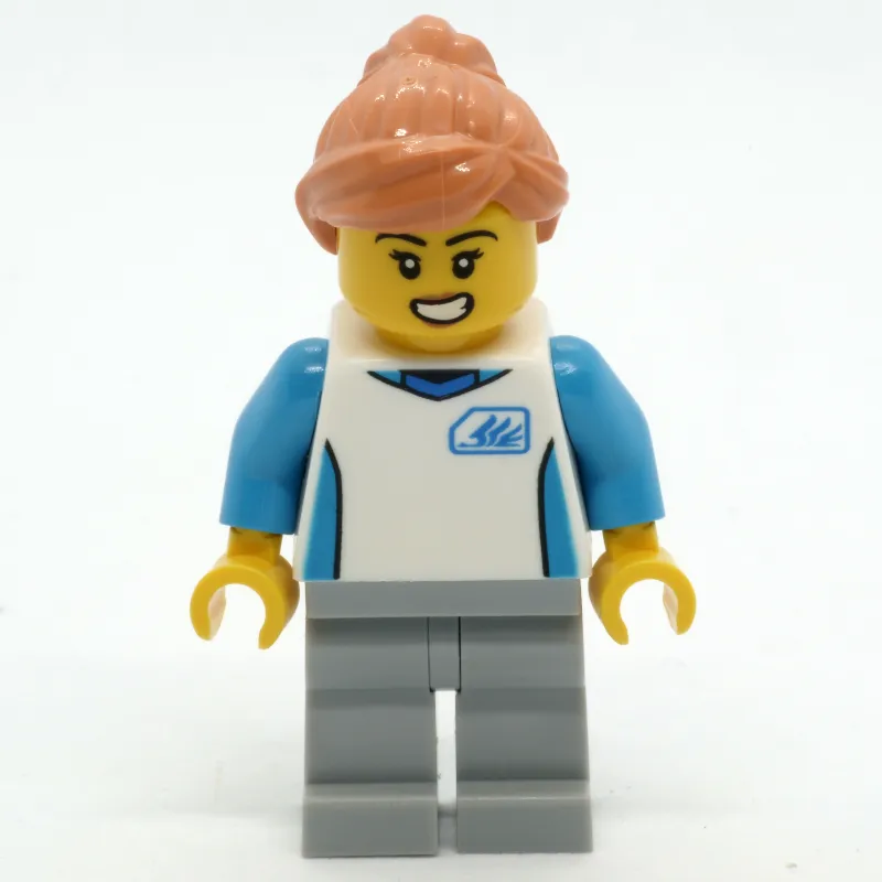 Woman, White Shirt, Light Bluish Gray Legs