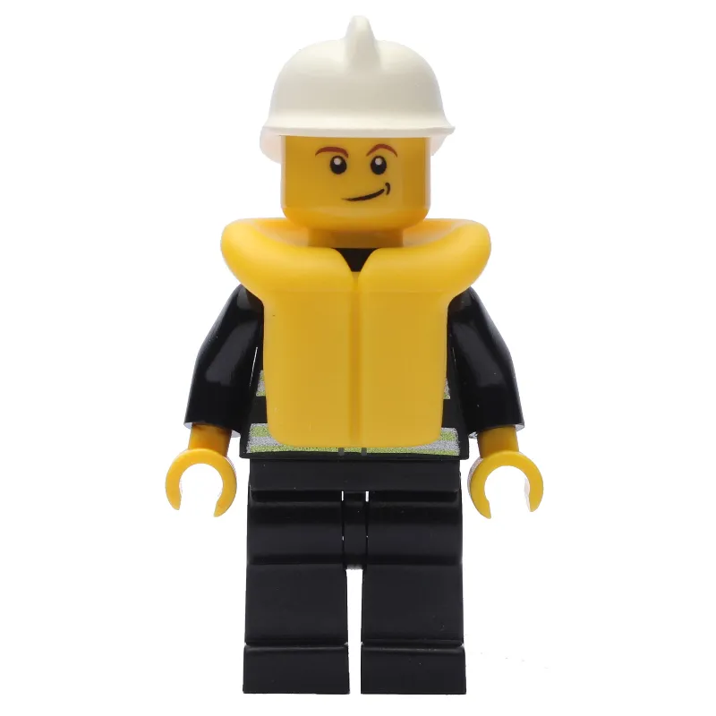 Fireman, Black Fire Jacket with Reflective Stripes, Radio, and Badge, White Helmet, Yellow Life Vest 2610
