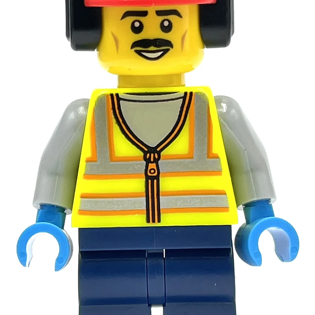 Vibrant Yellow Safety Vest, Dark Blue Legs, Red Hat