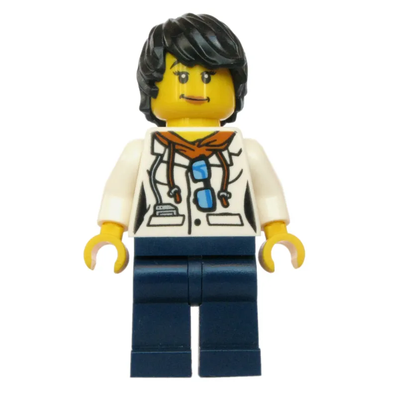 Scientist, Woman, White Jacket over Hoodie with Sunglasses, Dark Blue Legs, Black Hair