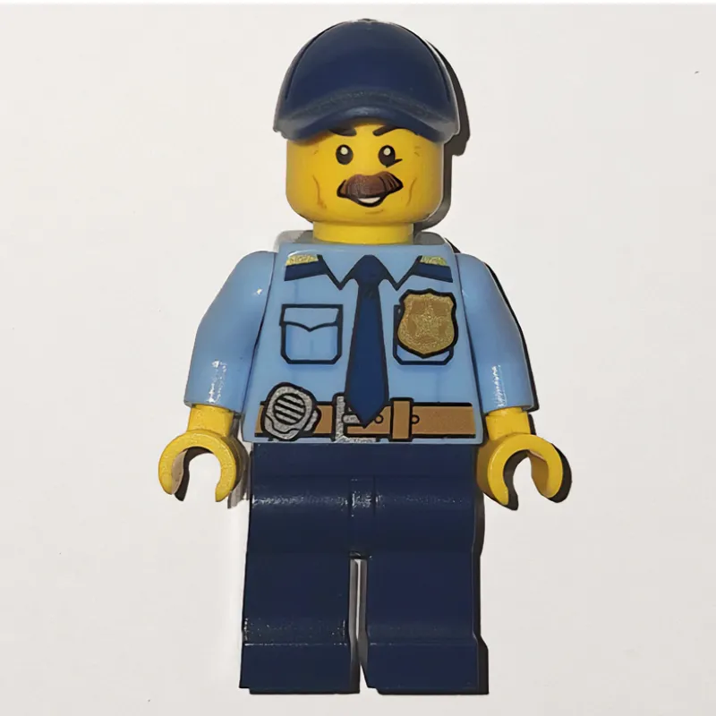 Policeman, Bright Light Blue Shirt with Dark Blue Tie, Badge, and Radio on Belt, Dark Blue Cap, Moustache