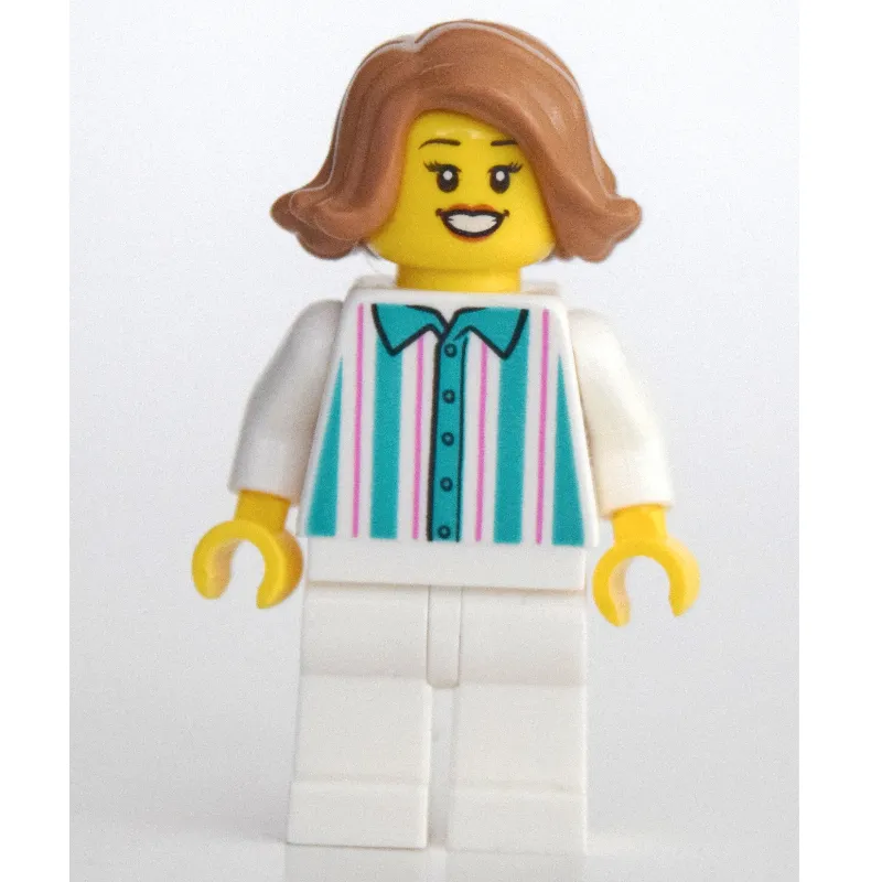 Woman, Shirt with White and Dark Turquoise Stripes, White Legs, Medium Nougat Hair