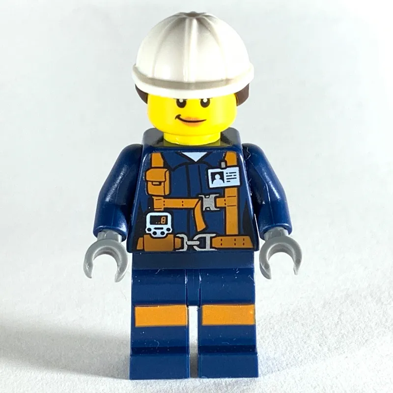 Miner, Woman, Dark Blue Jacket with Straps and ID Badge, White Hard Hat with Hair, Smirk
