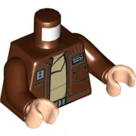 Torso Open Jacket with Pockets and Badges over Belt and Tan Shirt / Seam Lines and Tabbed Waistband in Back Print, Reddish Brown Arms, Light Nougat Hands