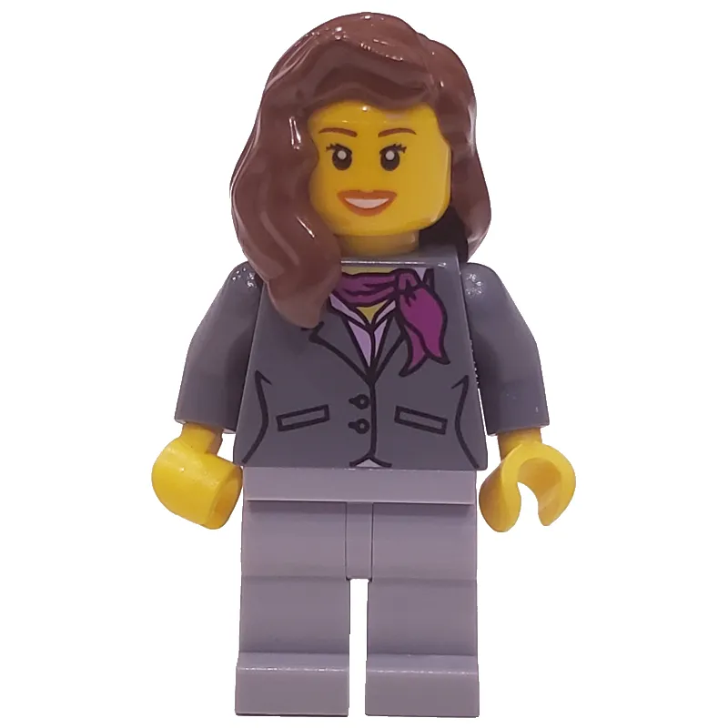 Woman, Dark Bluish Gray Jacket with Magenta Scarf, Light Bluish Gray Legs, Reddish Brown Hair, Open Mouth