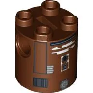 Brick Round 2 x 2 x 2 Robot Body, Axle Holder '+' Orientation with Black and White Astromech Droid Print (R7-D4)