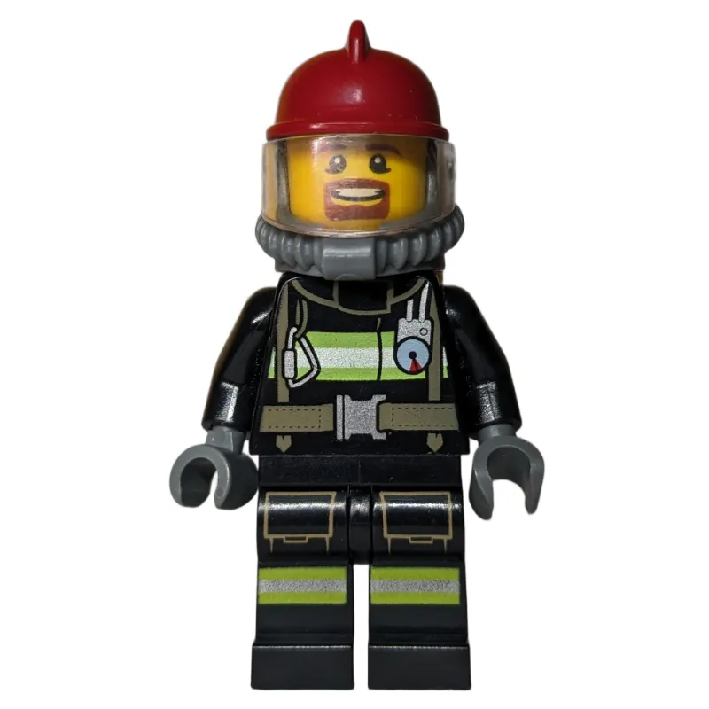 Firefighter, Black Fire Jacket with Straps and Gauge, Dark Red Helmet, Goatee Beard, Yellow Airtank